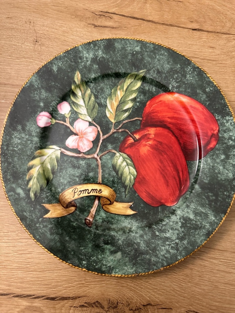 Decorative Apple Motif Plate in Deep Green with Red Apples